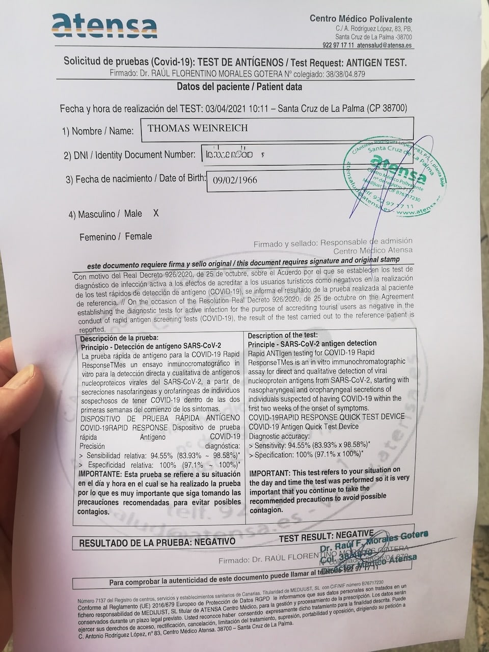 Corona Attest für die Weiterreise